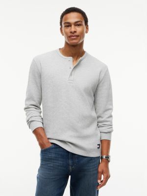 grey washed waffle knit henley long sleeve t-shirt for men tommy jeans