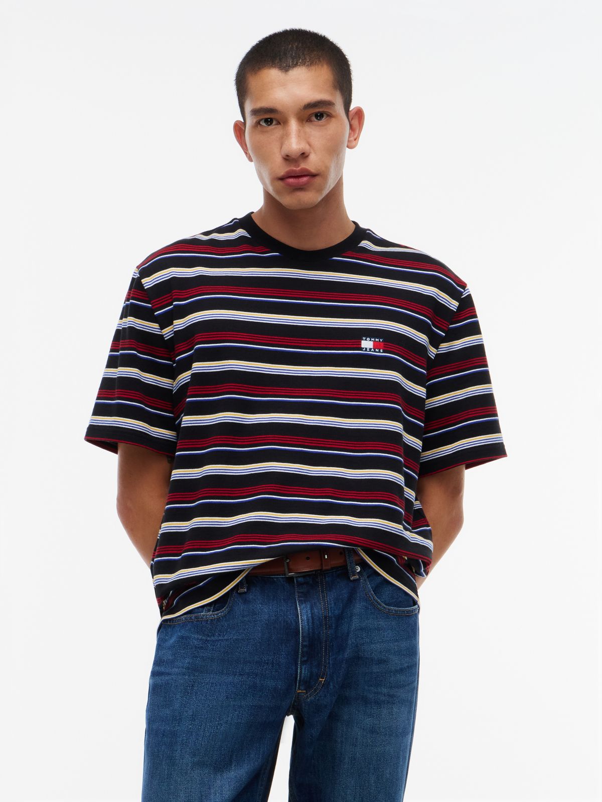 Badge Stripe Oversized Jersey T-Shirt — Black