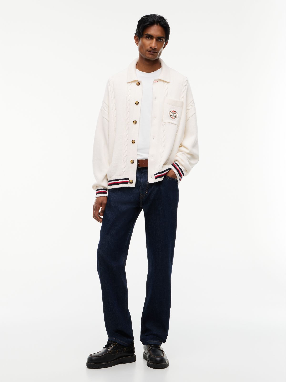 Cable Knit Polo Collar Relaxed Cardigan — White