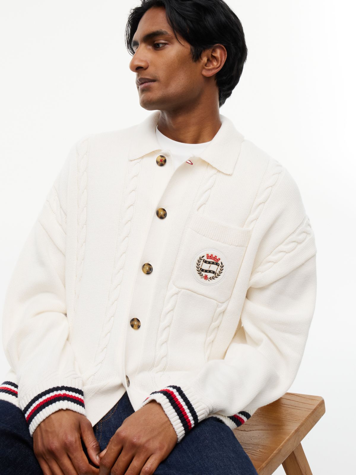 Cable Knit Polo Collar Relaxed Cardigan — White