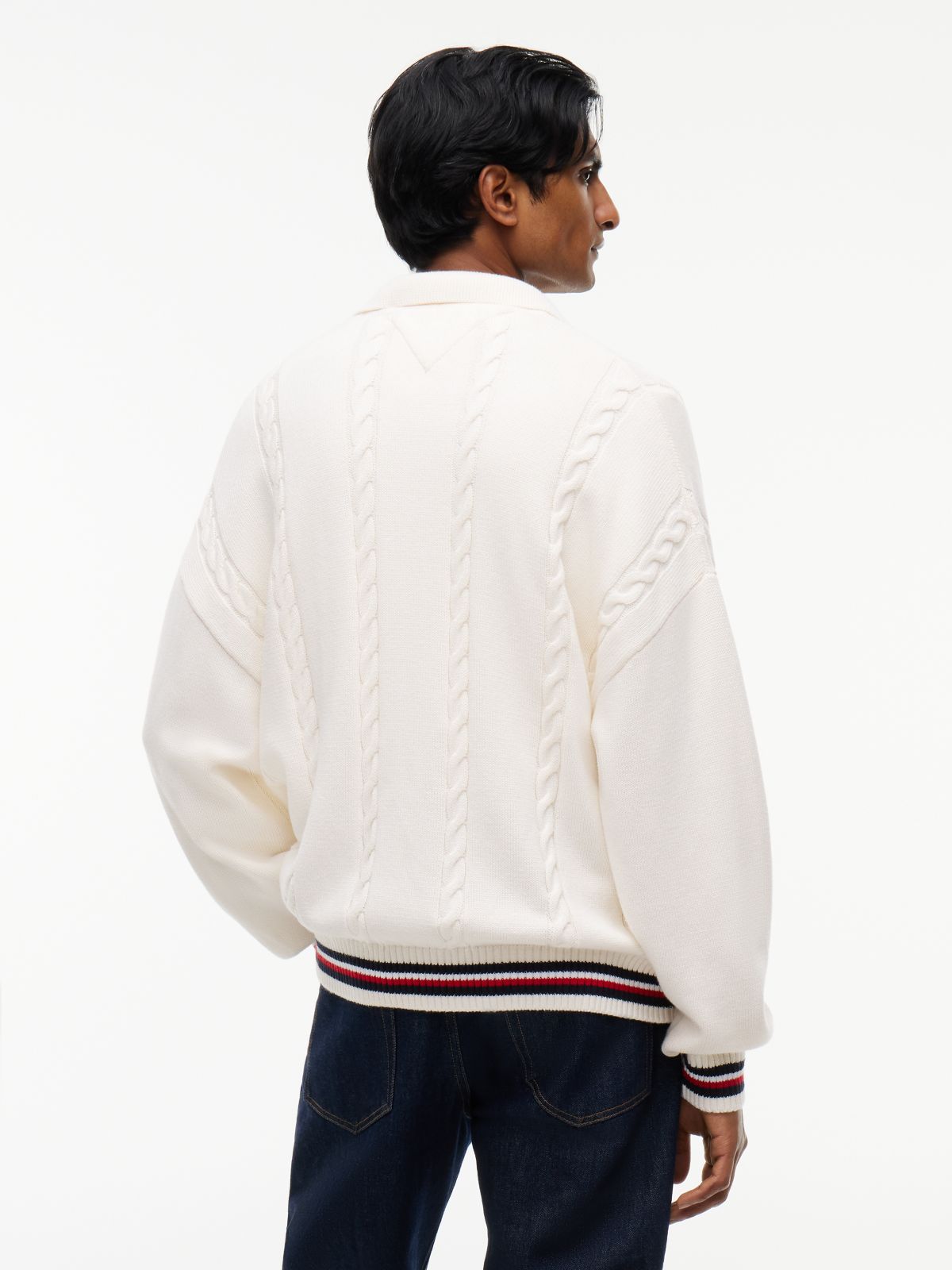 Cable Knit Polo Collar Relaxed Cardigan — White