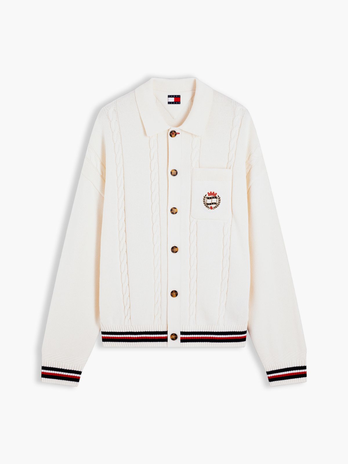 Cable Knit Polo Collar Relaxed Cardigan — White