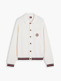 Cable Knit Polo Collar Relaxed Cardigan — White 5