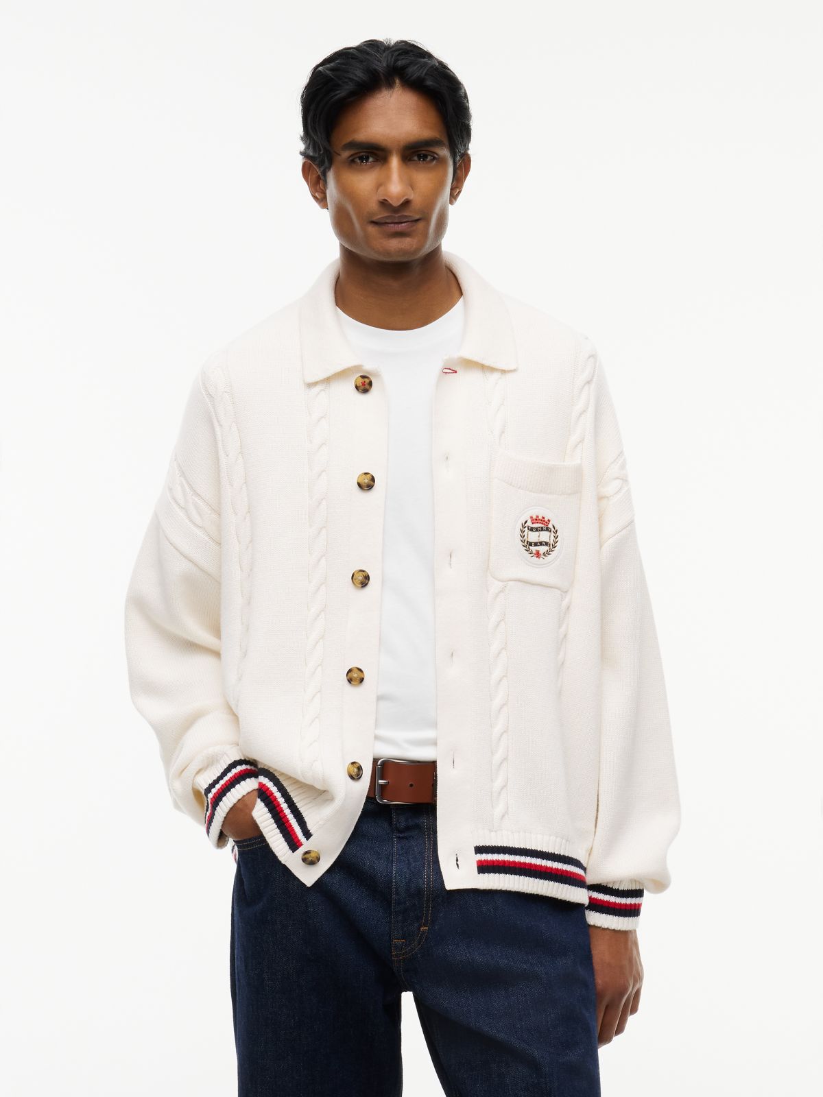 Cable Knit Polo Collar Relaxed Cardigan — White