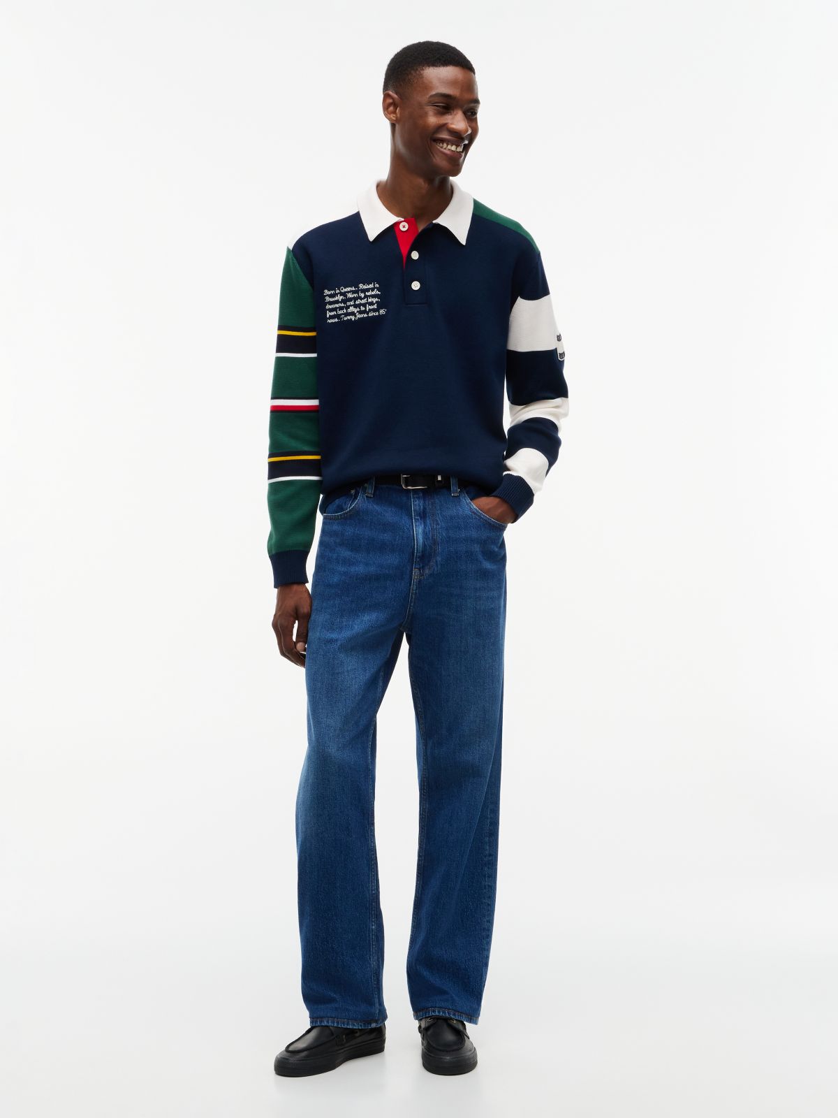Colour-Blocked Knit Rugby Shirt — Blue