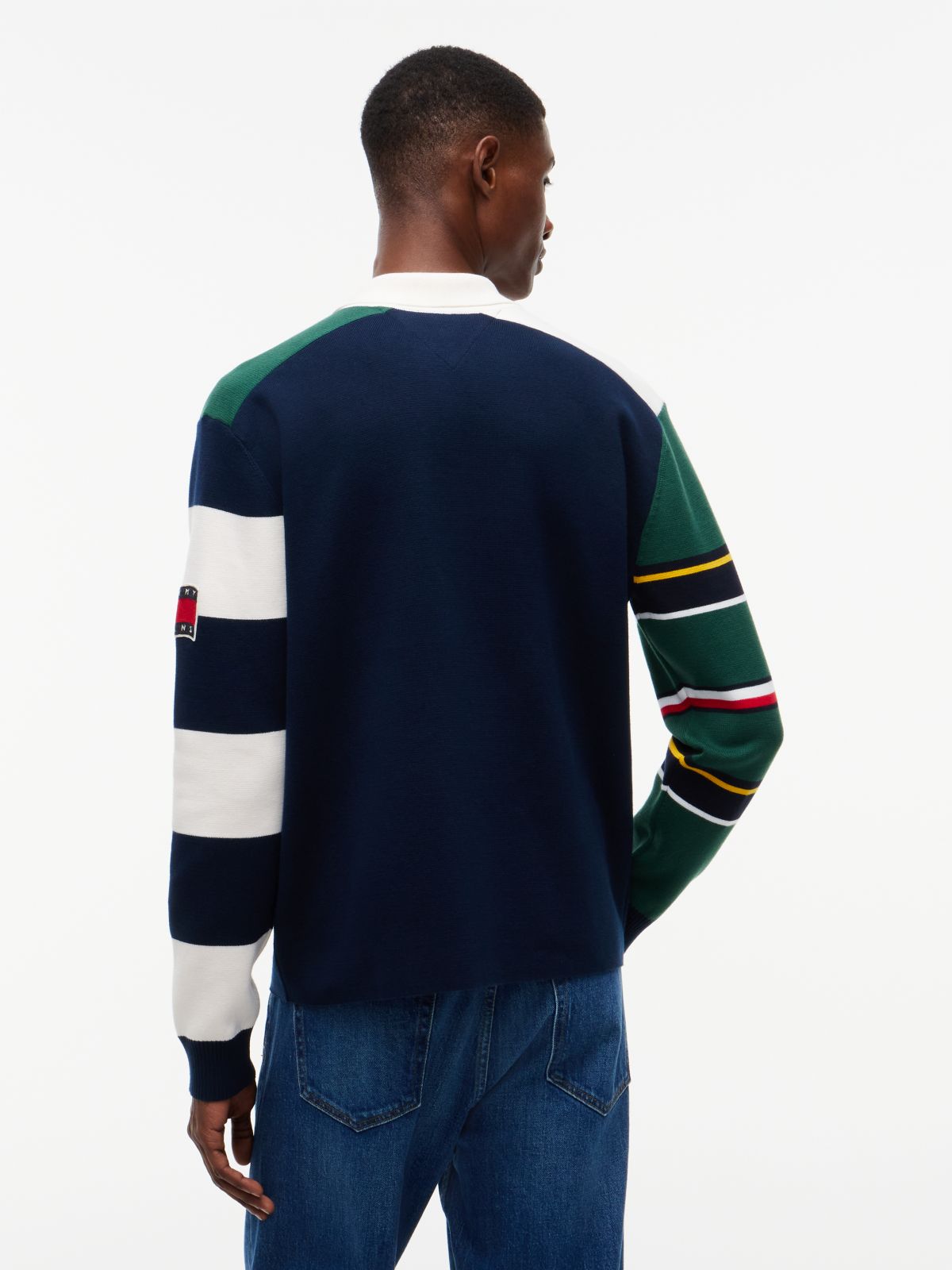 Colour-Blocked Knit Rugby Shirt — Blue
