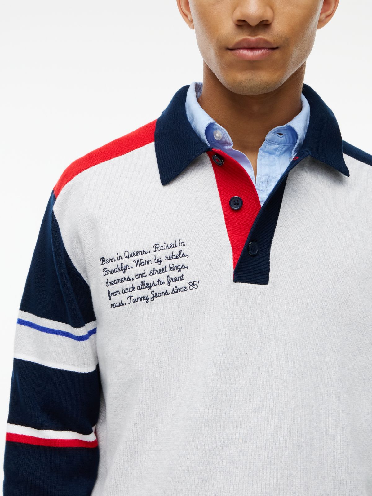 Colour-Blocked Knit Rugby Shirt — Grey