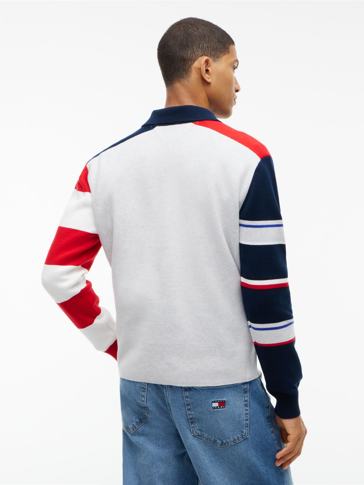 Colour-Blocked Knit Rugby Shirt — Grey