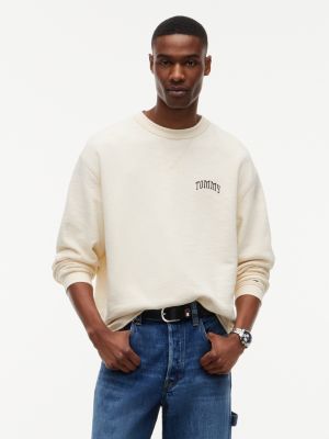sweat décontracté à col ras-du-cou et logo beige pour hommes tommy jeans