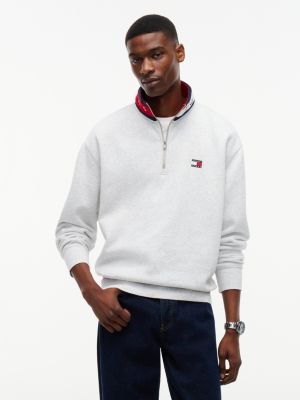 grey tommy badge relaxed quarter-zip sweatshirt for men tommy jeans