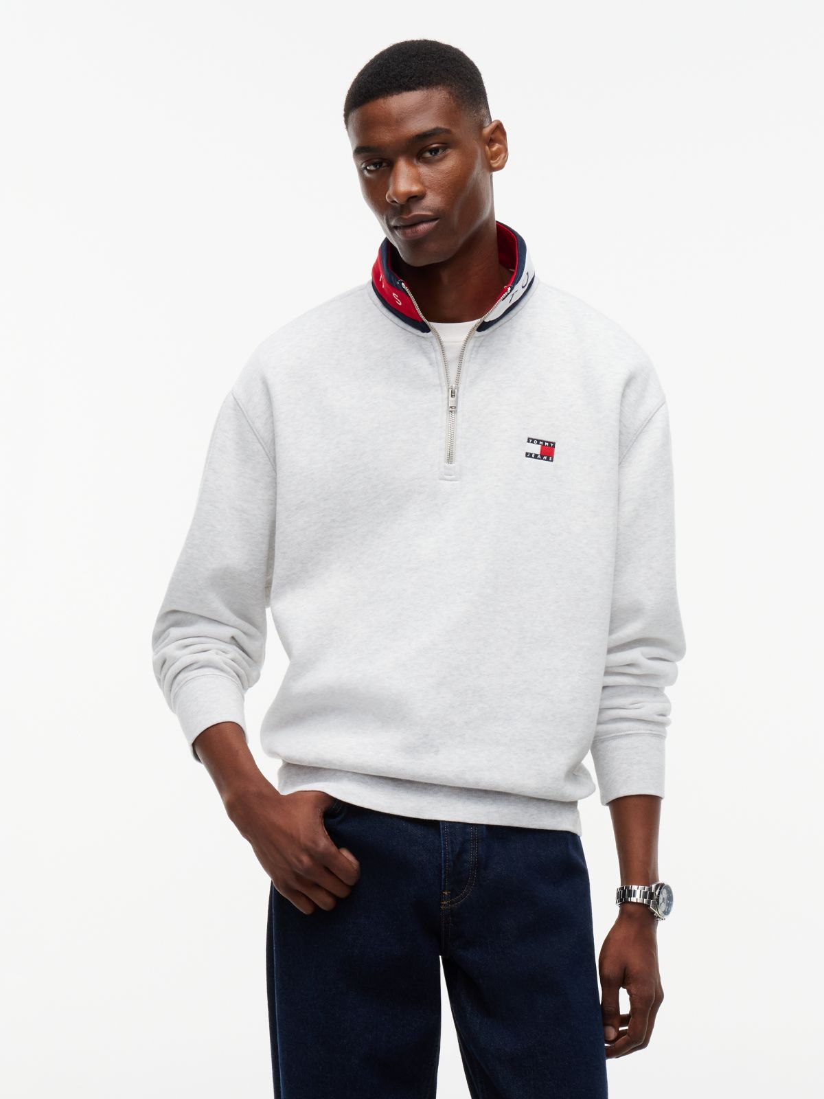 Tommy Badge Relaxed Quarter-Zip Sweatshirt — Grey