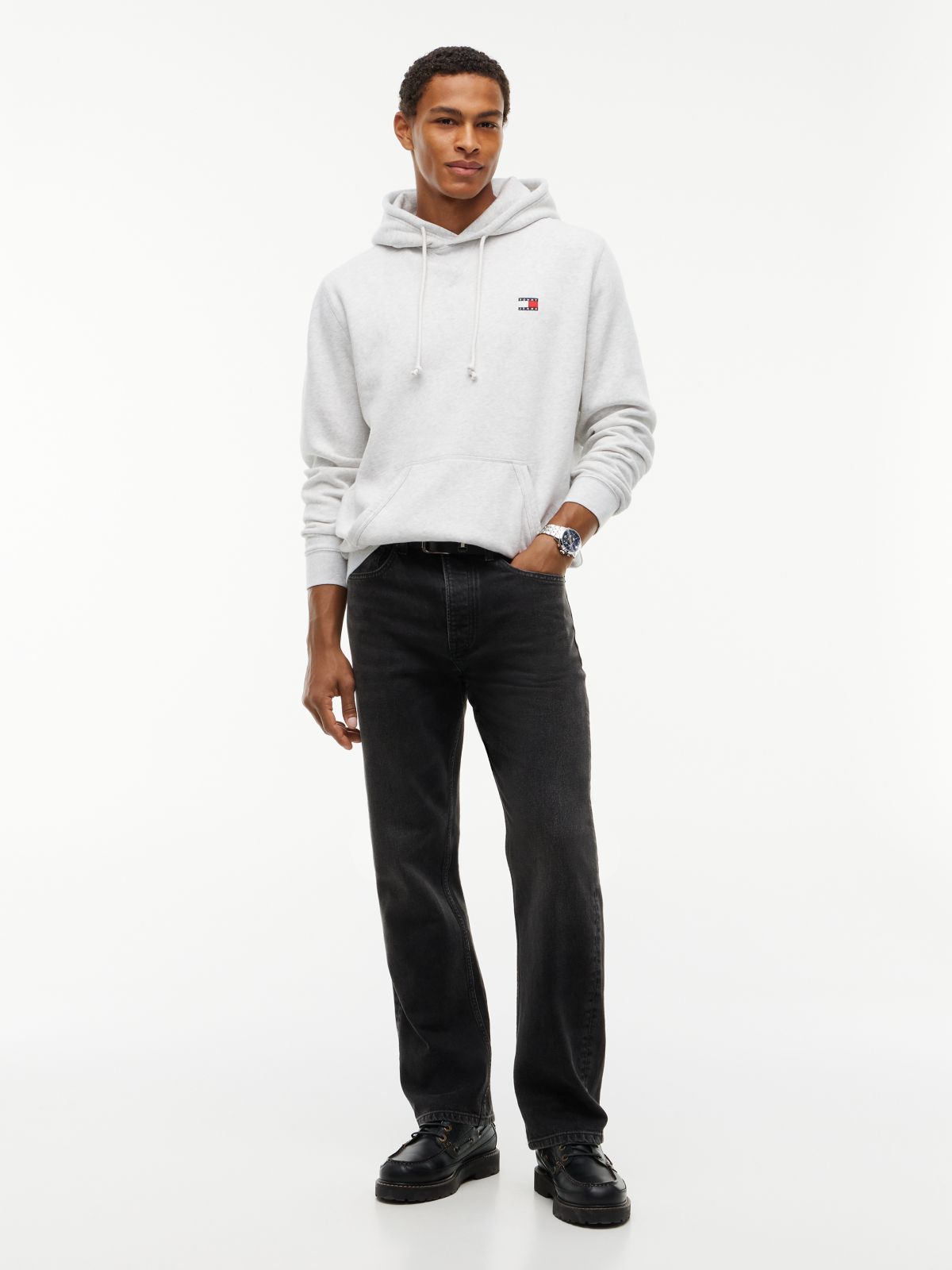 Tommy Badge Fleece Drawstring Hoody — Grey