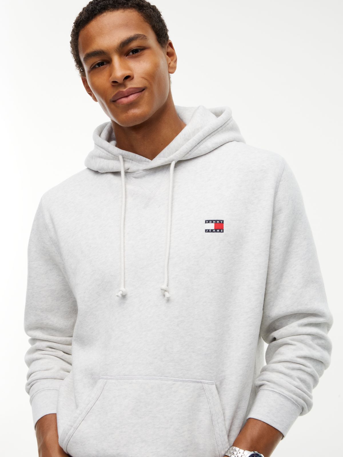 Tommy Badge Fleece Drawstring Hoody — Grey
