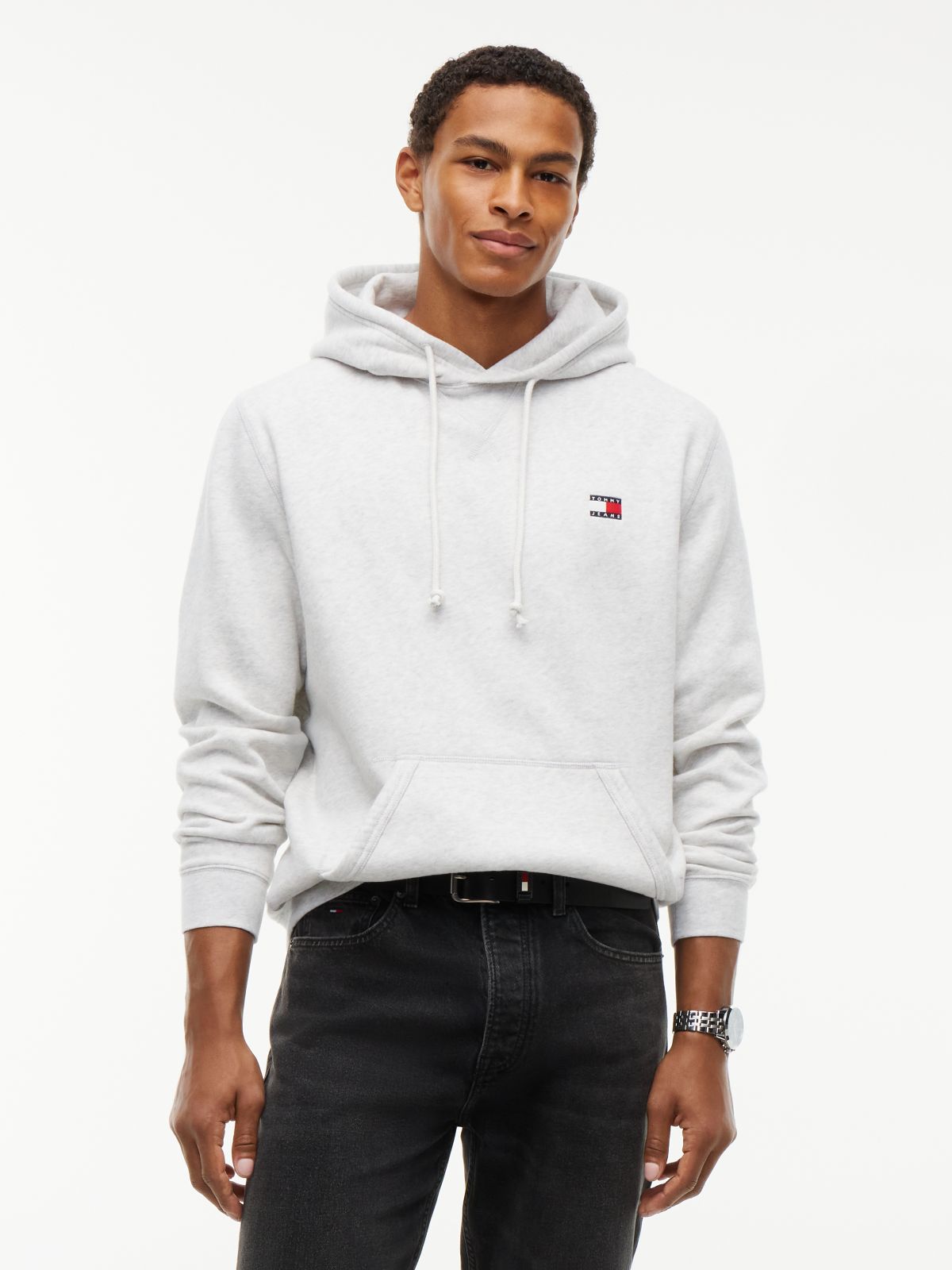 Tommy Badge Fleece Drawstring Hoody — Grey