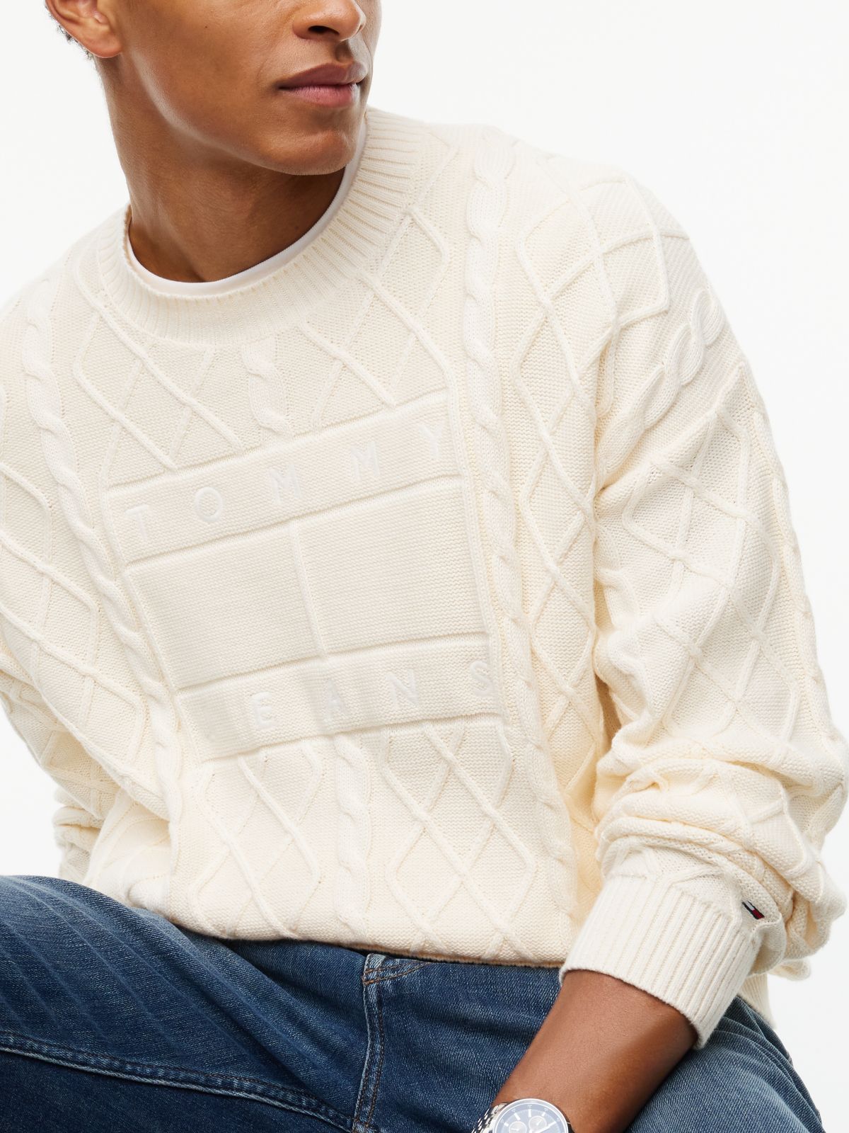 Diamond Cable Knit Relaxed Jumper — Beige