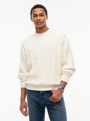 beige diamond cable knit relaxed jumper for men tommy jeans