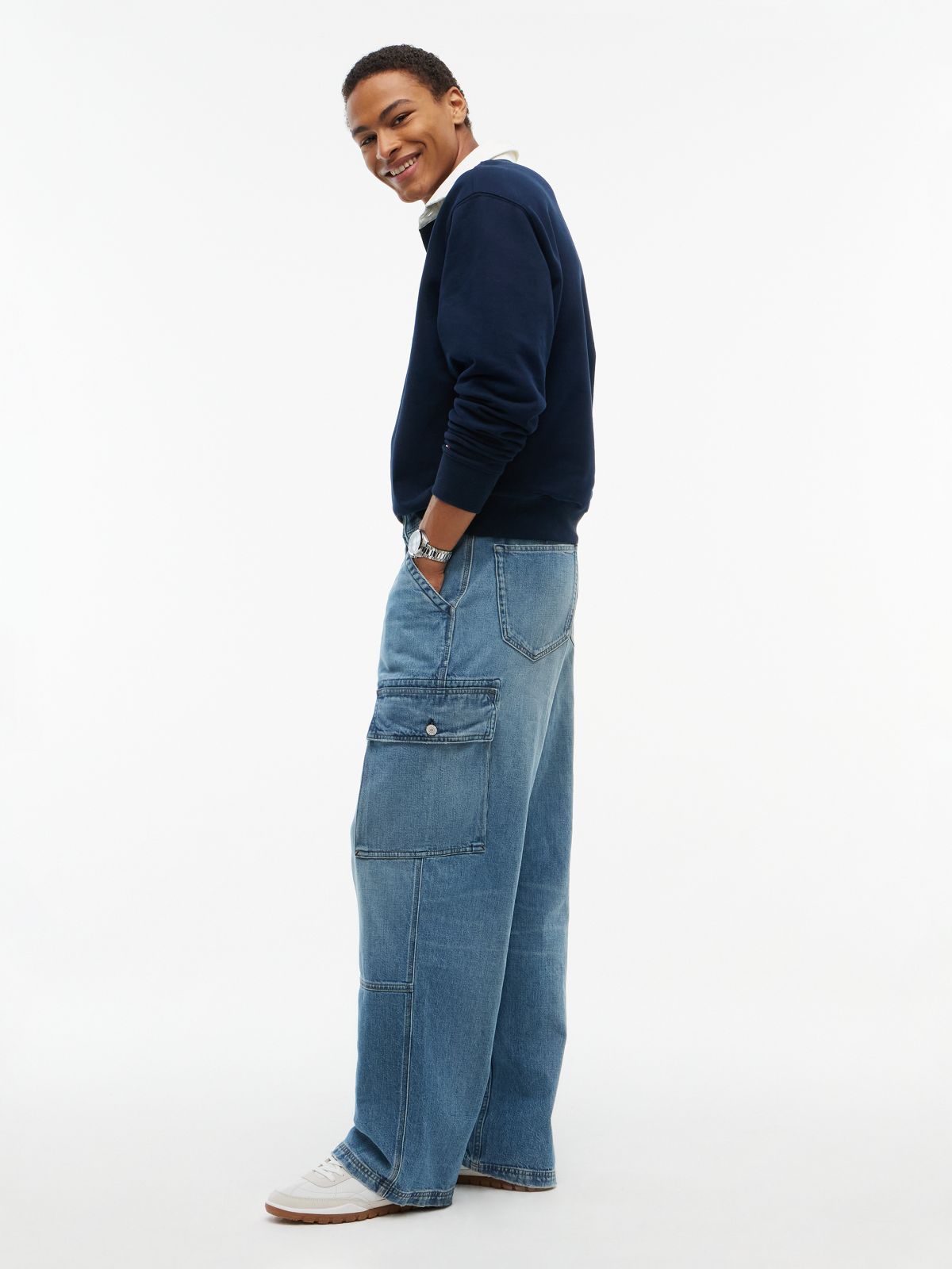 Theo Loose Faded Cargo Jeans — Denim