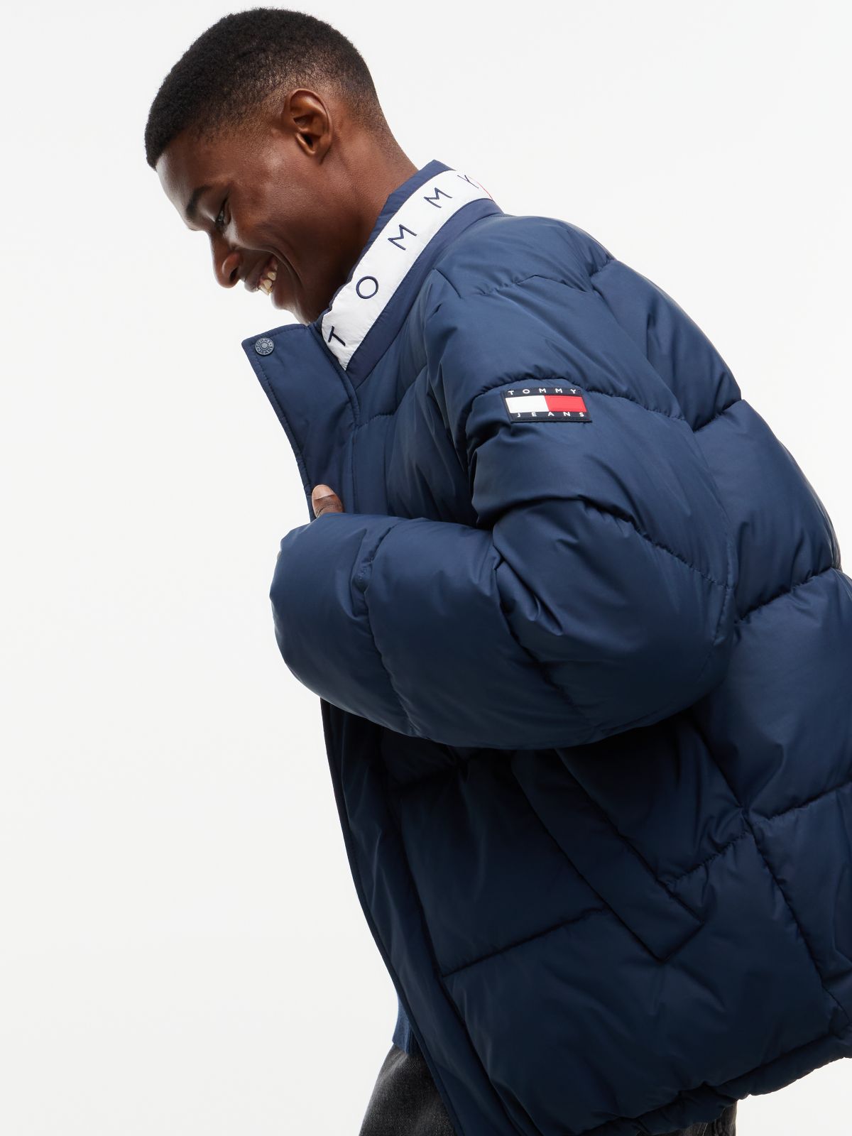 Colour-Blocked Relaxed Ripstop Puffer Jacket — Blue