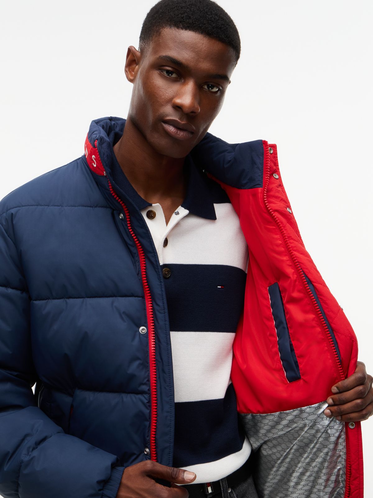 Colour-Blocked Relaxed Ripstop Puffer Jacket — Blue