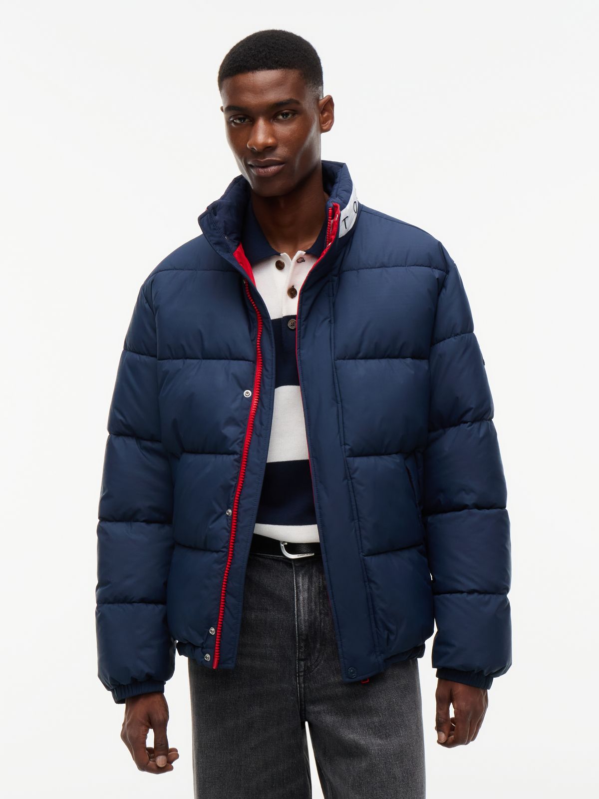 Colour-Blocked Relaxed Ripstop Puffer Jacket — Blue