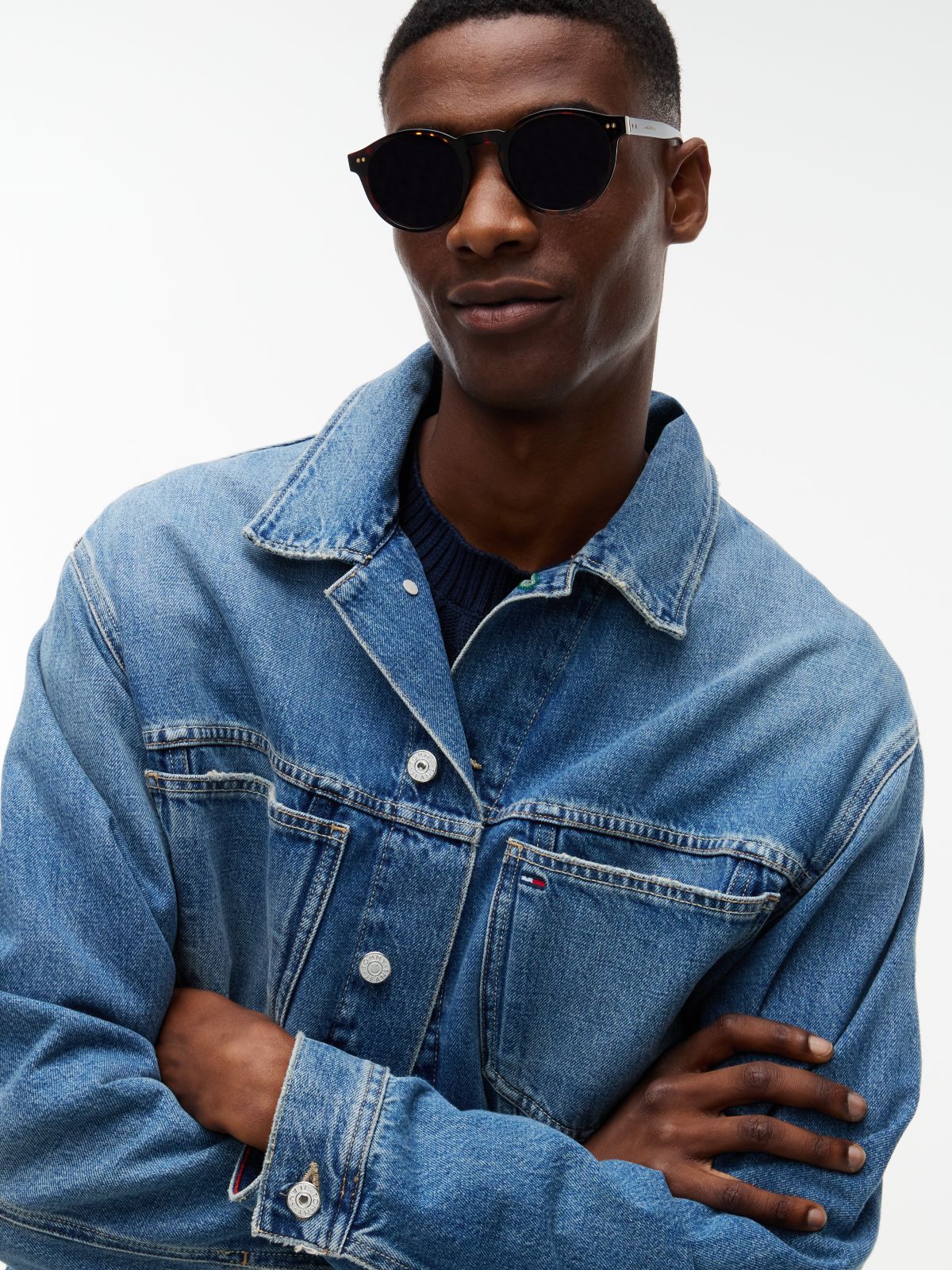 Flag Badge Denim Trucker Jacket — Blue