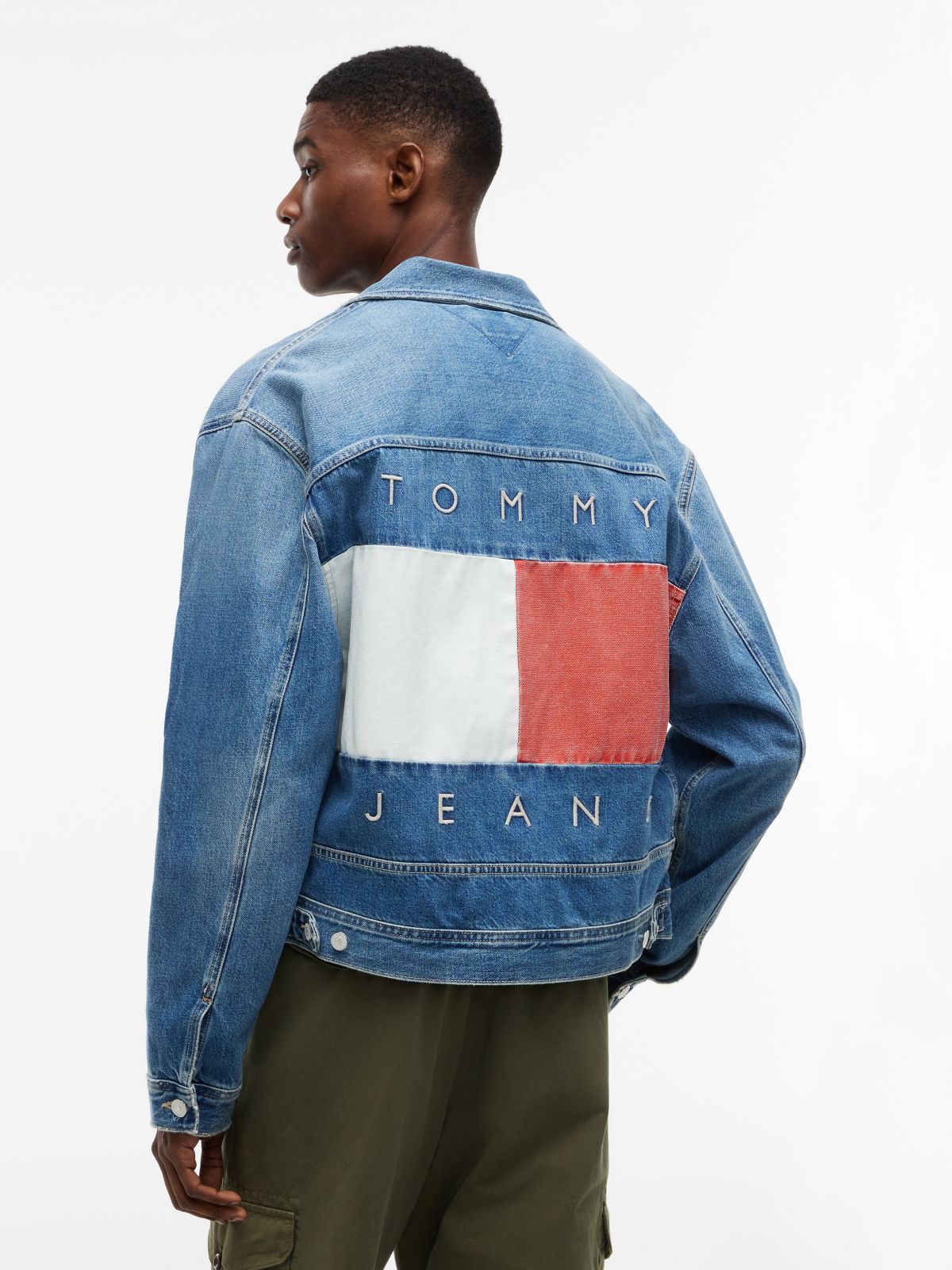 Flag Badge Denim Trucker Jacket — Blue