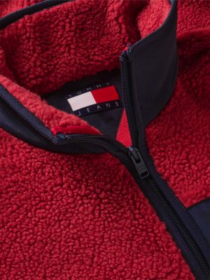 rood teddy fleece jack met gemengde texturen voor heren - tommy jeans