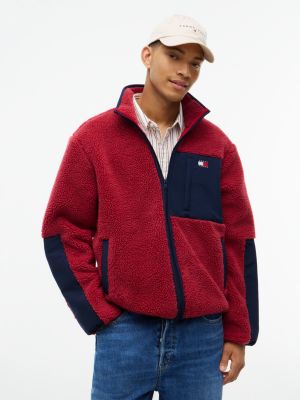 red teddy fleece jack met gemengde texturen voor heren - tommy jeans