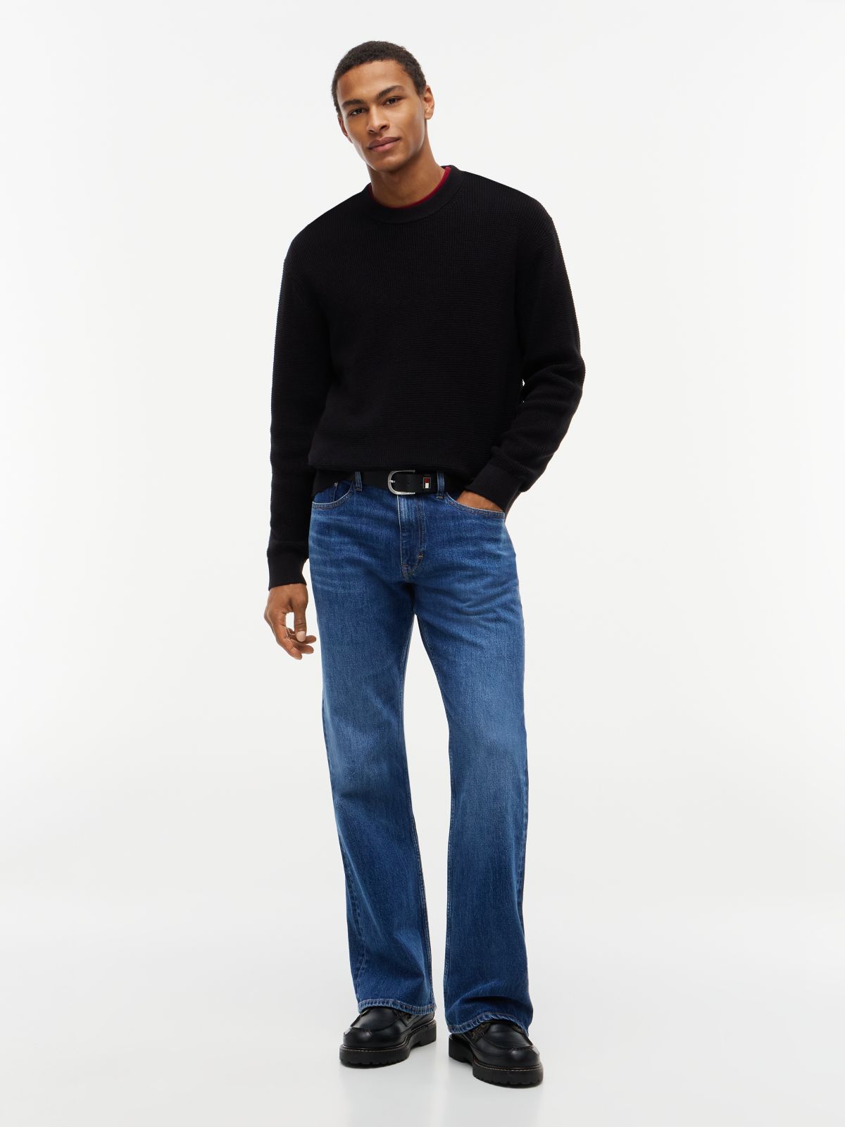 Logo Waffle Knit Crew Neck Jumper — Black