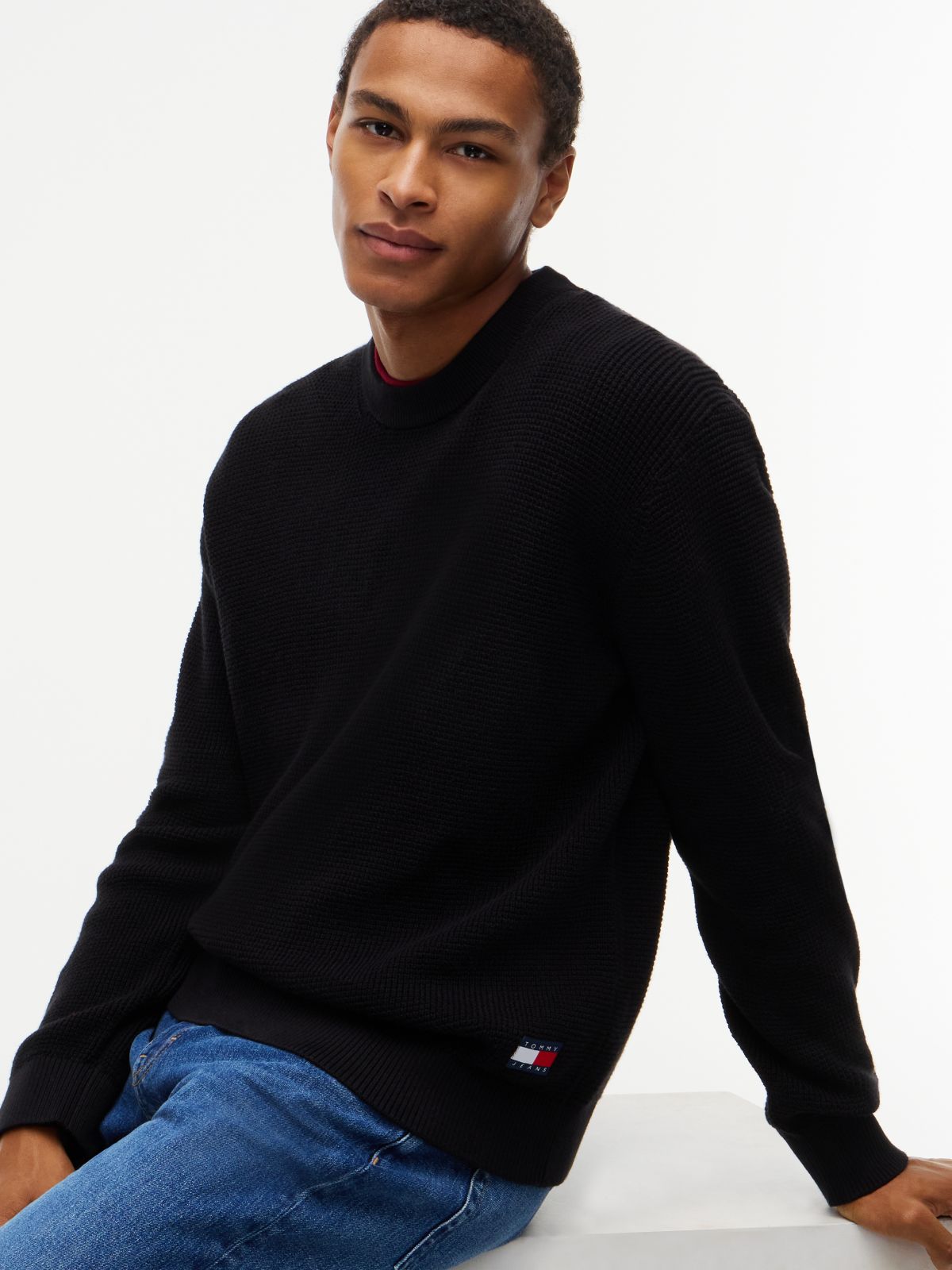 Logo Waffle Knit Crew Neck Jumper — Black