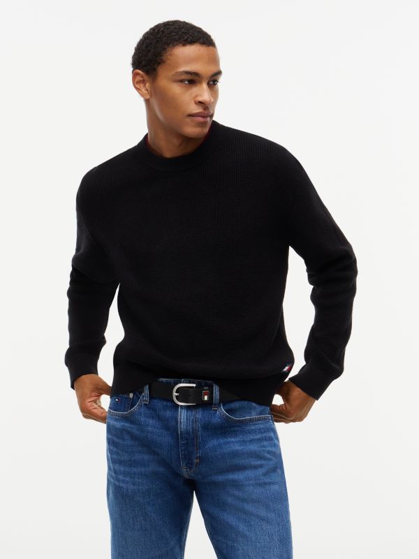Logo Waffle Knit Crew Neck Jumper — Black