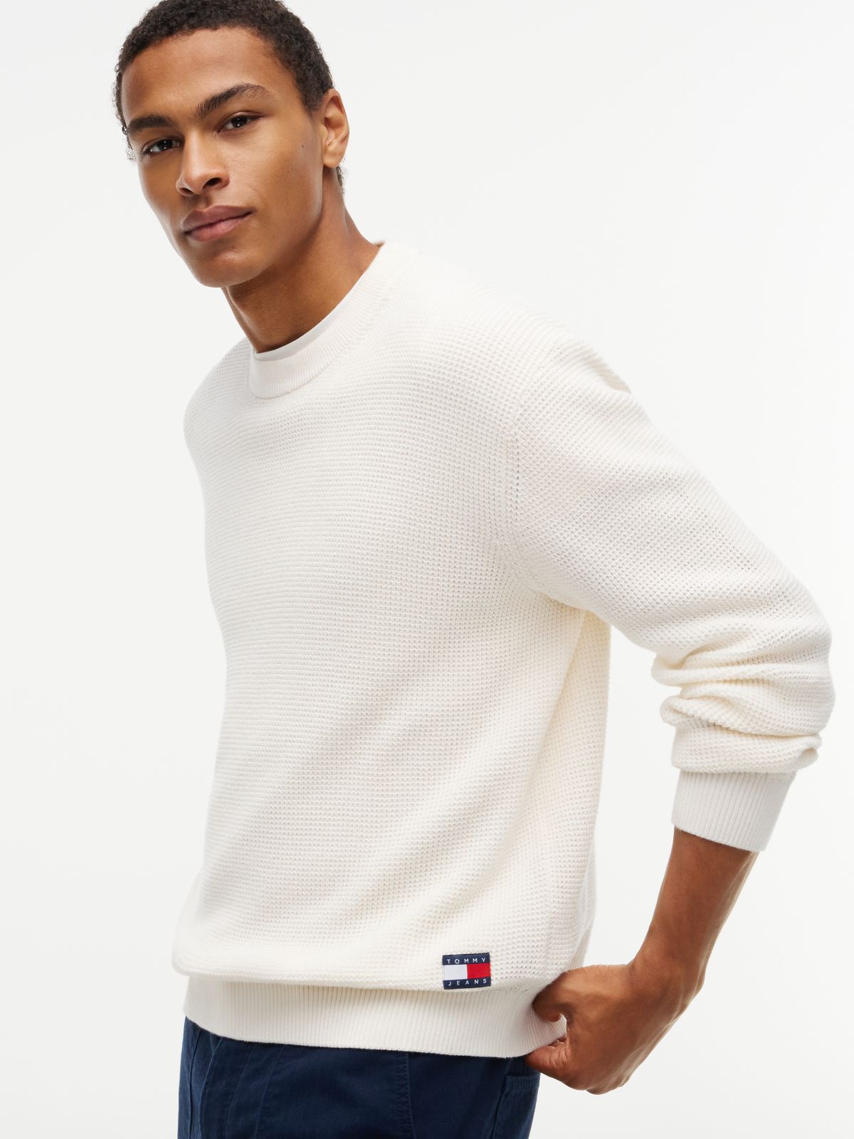Logo Waffle Knit Crew Neck Jumper — White