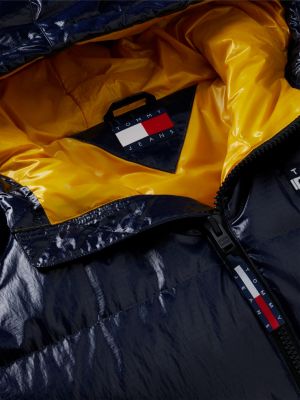 blauw glanzend alaska pufferjack met dons en capuchon voor heren - tommy jeans