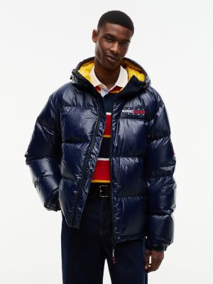 blue shiny down hooded alaska puffer jacket for men tommy jeans