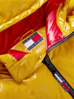 yellow shiny down hooded alaska puffer jacket for men tommy jeans