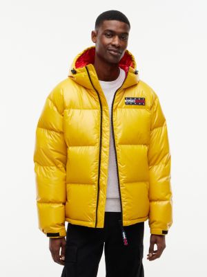 yellow shiny down hooded alaska puffer jacket for men tommy jeans