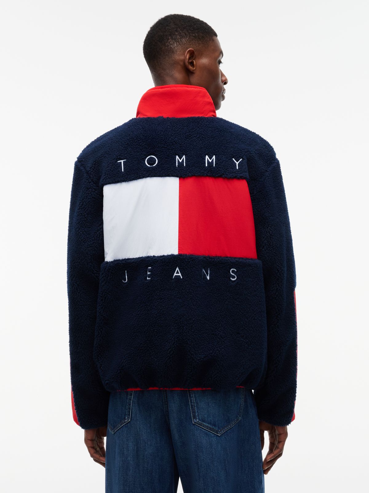 Colour-Blocked Teddy Zip-Thru Jacket — Blue