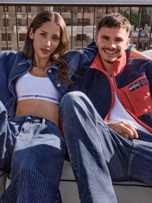 blau teddy-reißverschlussjacke mit color block für herren - tommy jeans