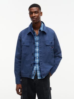 blue oversized overshirt met visgraattextuur voor heren - tommy jeans