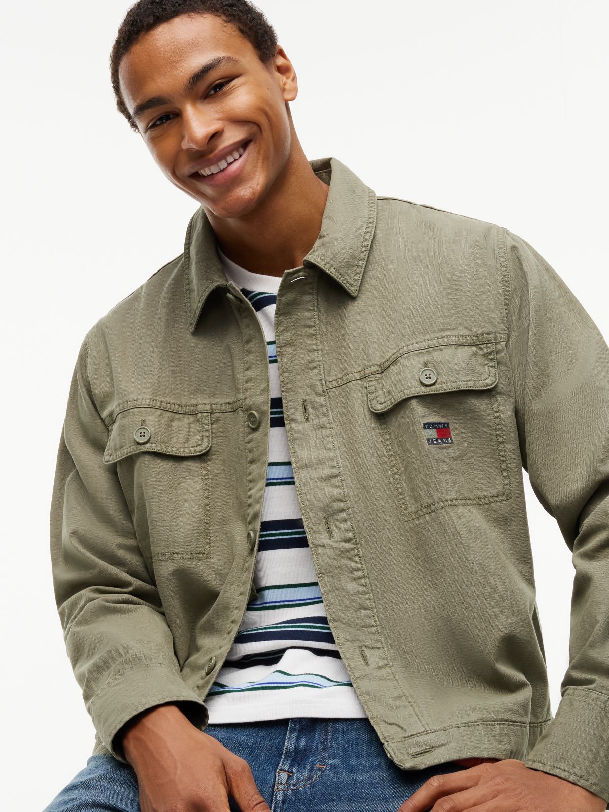 Textured Herringbone Oversized Overshirt — Green