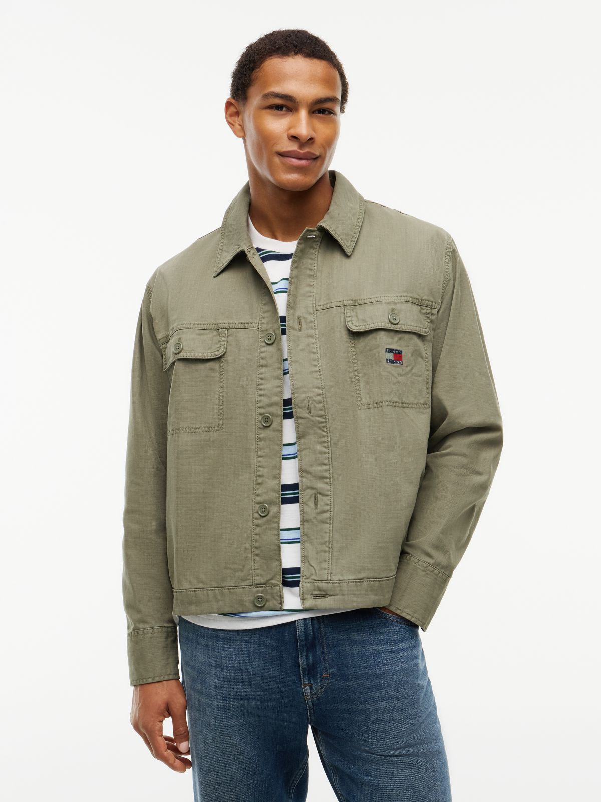 Textured Herringbone Oversized Overshirt — Green