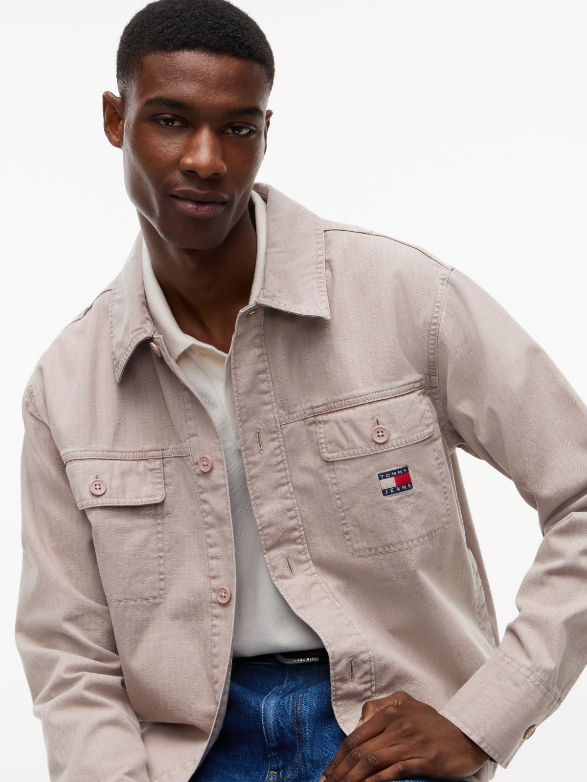 Textured Herringbone Oversized Overshirt — Grey