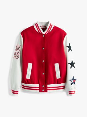 red tommy girl back logo oversized varsity jacket for adults gender inclusive tommy jeans