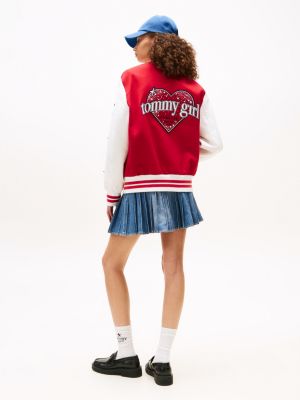red tommy girl back logo oversized varsity jacket for adults gender inclusive tommy jeans