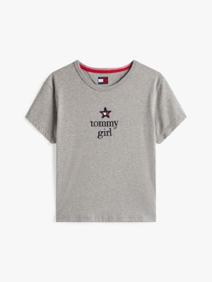 grau tommy girl regular fit t-shirt mit grafik für gender-inclusive erwachsene - tommy jeans