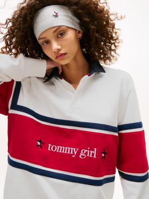 white tommy girl relaxed fit rugby-shirt mit logo für gender-inclusive erwachsene - tommy jeans