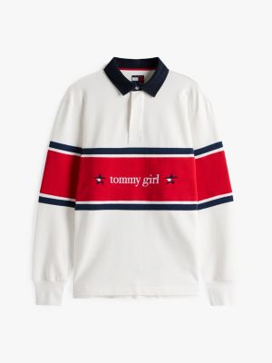 white tommy girl back logo relaxed stripe rugby shirt for adults gender inclusive tommy jeans