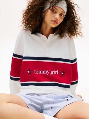 biały luźna koszula rugby z logo tommy girl z tyłu dla dla dorosłych i dla każdej płci - tommy jeans