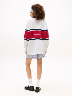 white tommy girl back logo relaxed stripe rugby shirt for adults gender inclusive tommy jeans
