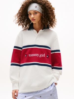 white tommy girl back logo relaxed stripe rugby shirt for adults gender inclusive tommy jeans